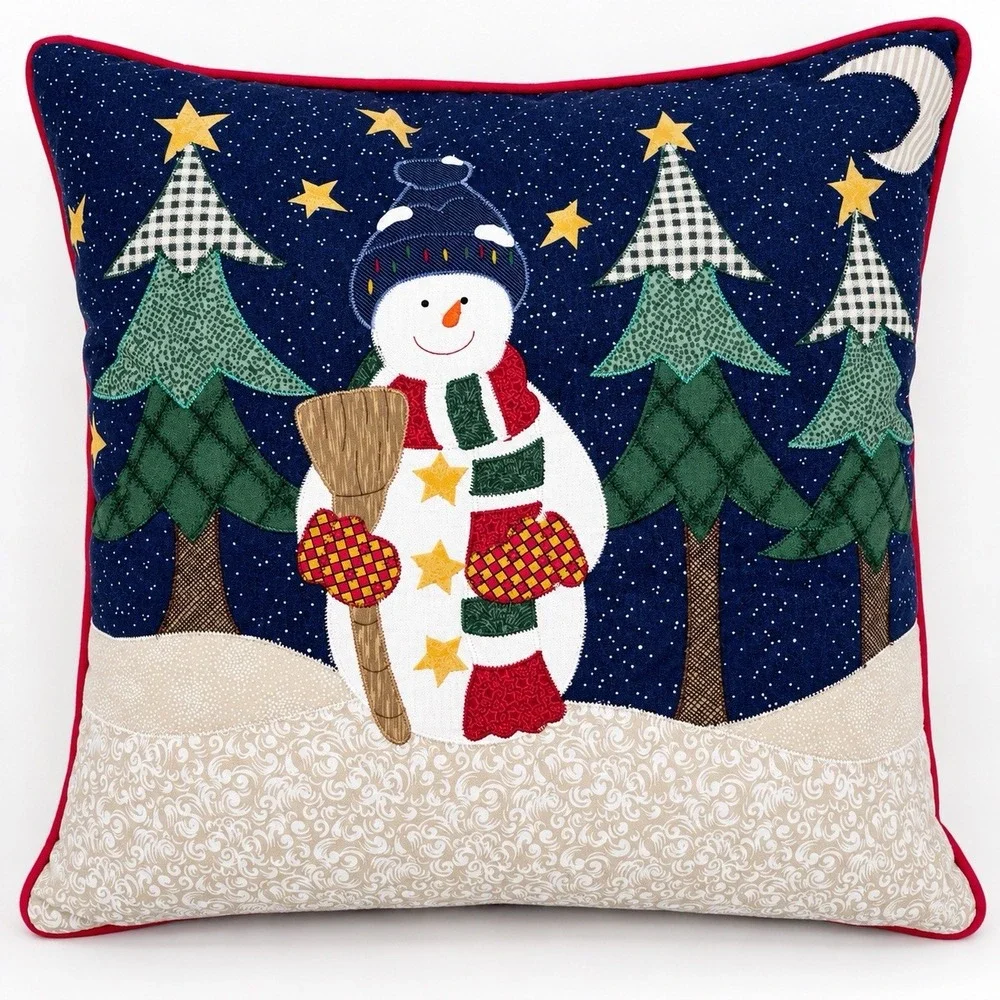 Christmas Snowman Pillow Reversible Navy Patchwork Applique Trees Red Trim 16